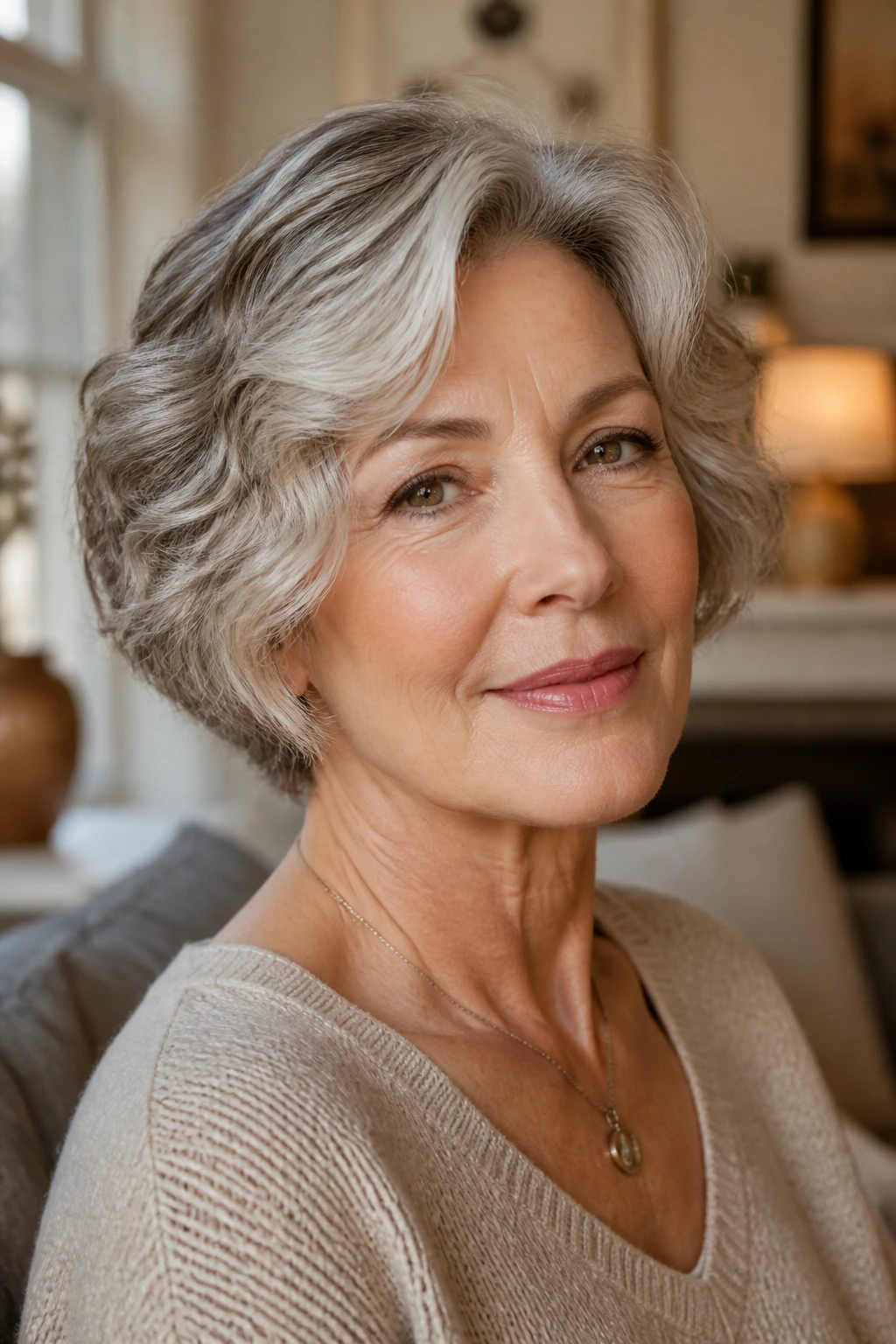 Close-up portrait of an older woman with a short wavy haircut, warm window light