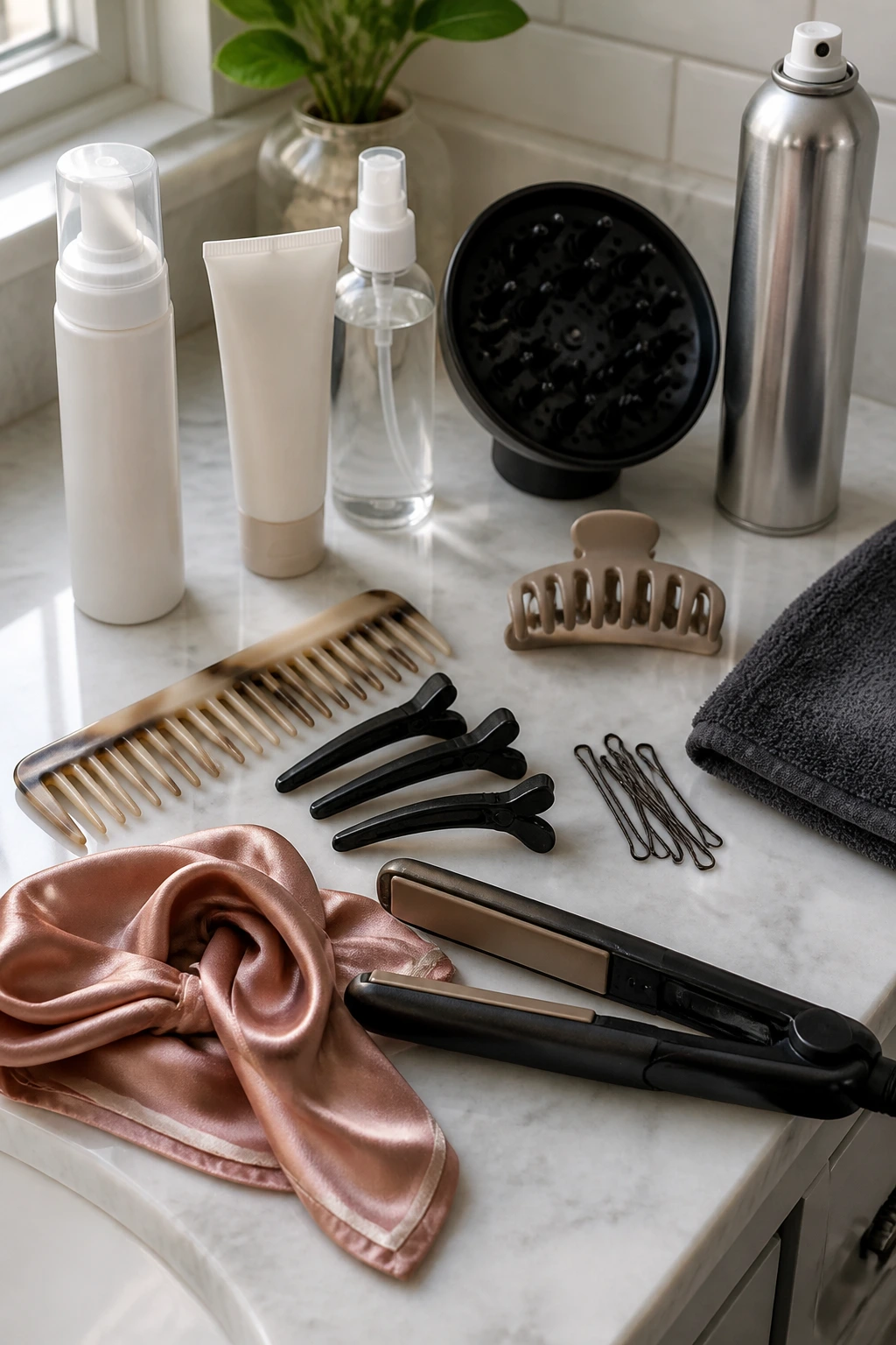 Close-up of essential hair tools for short wavy hairstyles arranged on a bathroom counter.