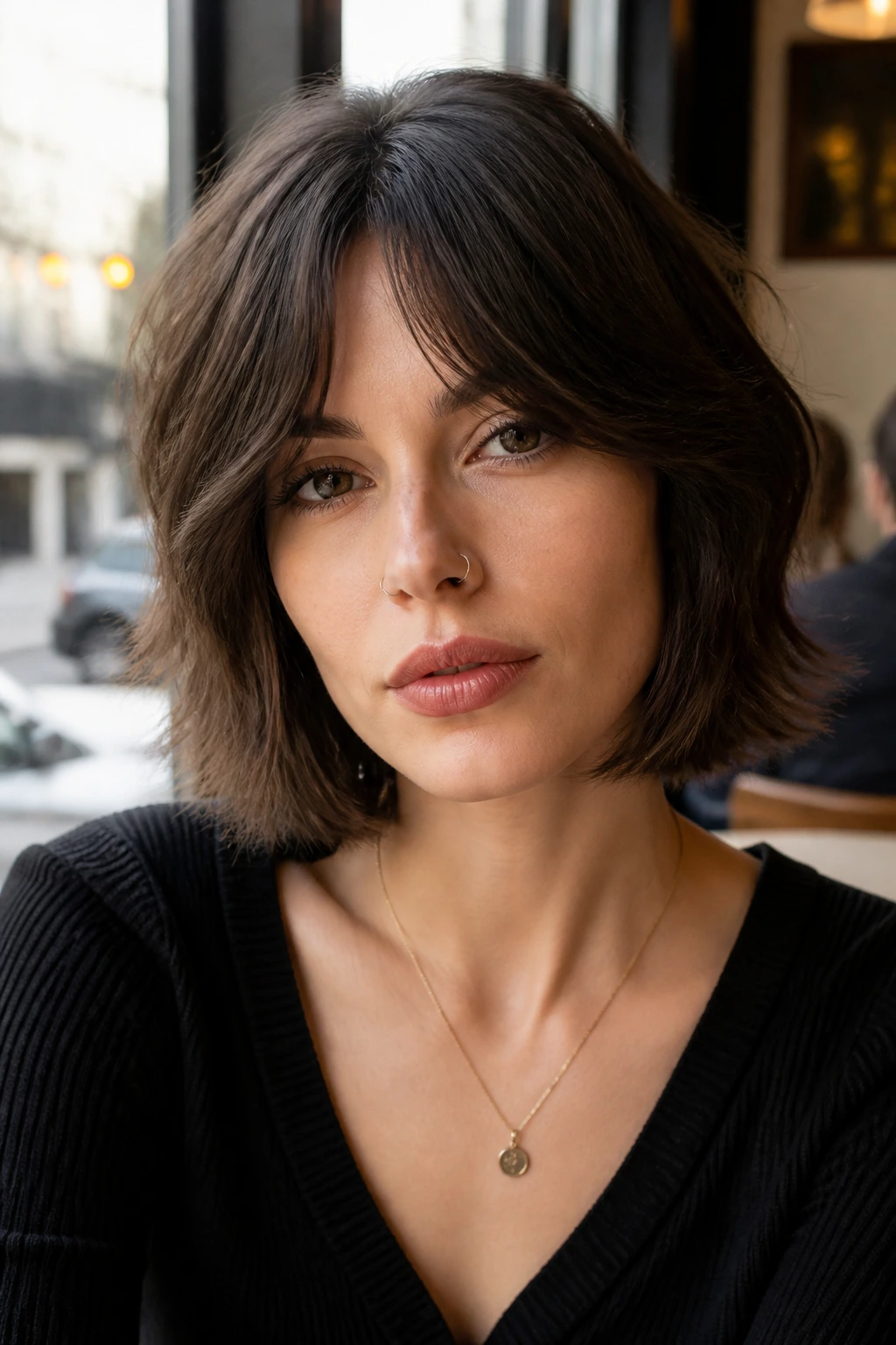 Close-up of real person with short wolf bob and bottleneck bangs at cafe window
