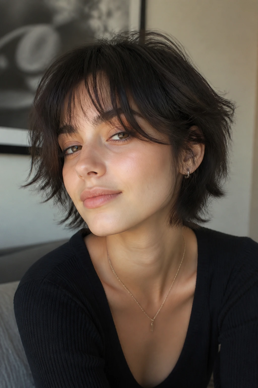 Close-up of a real person with short wolf crop and petite curtain bangs