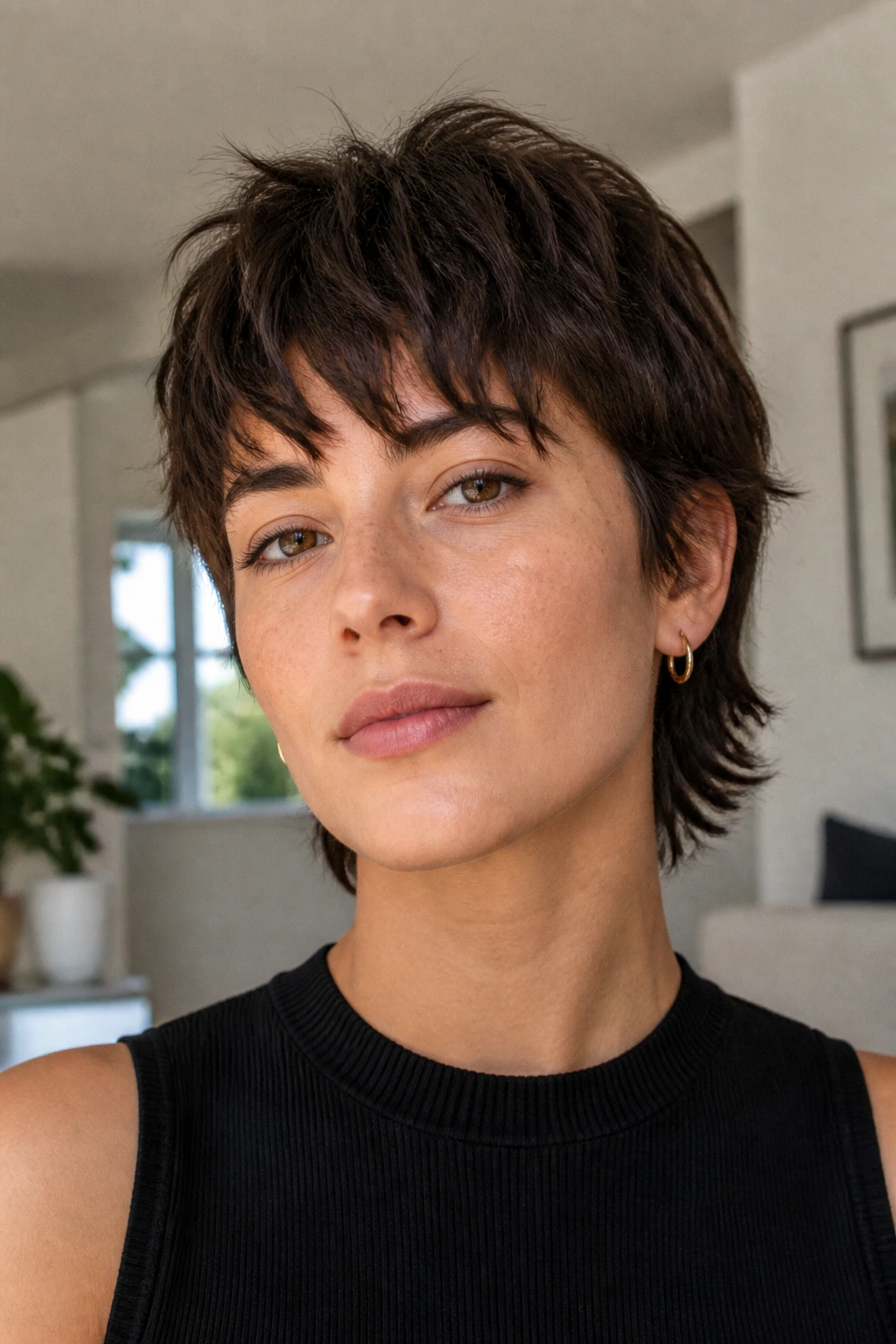 Portrait of a woman with a short wolf cut and textured fringe