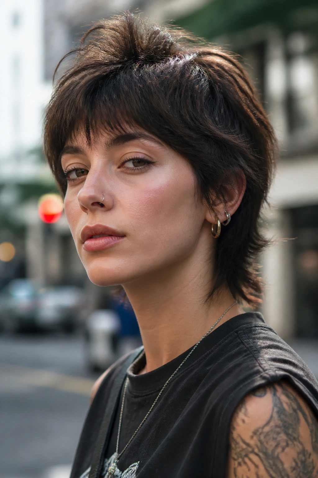 Portrait of a person with a short wolf cut outdoors