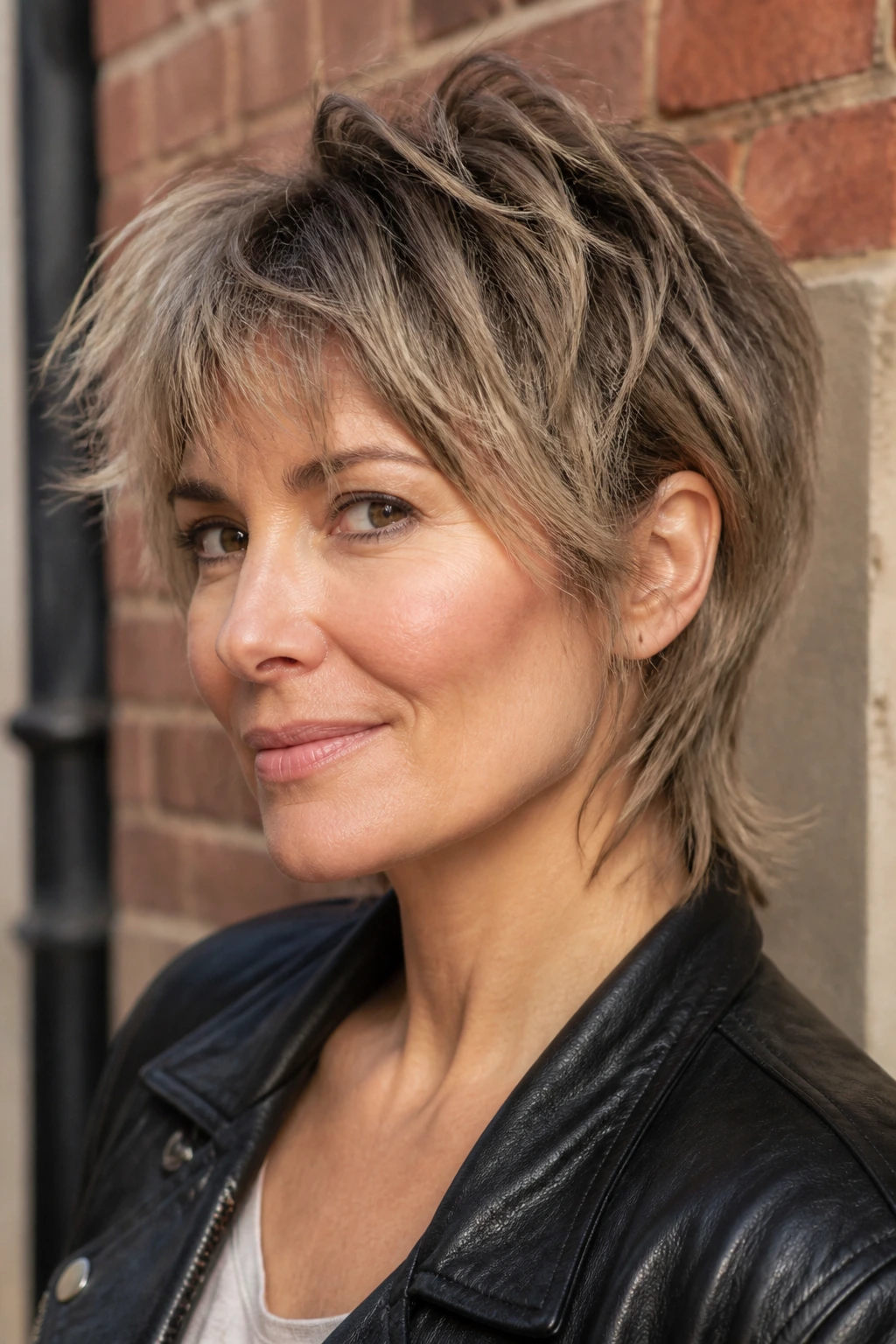 Close-up of a woman with a short wolf cut against an urban brick wall