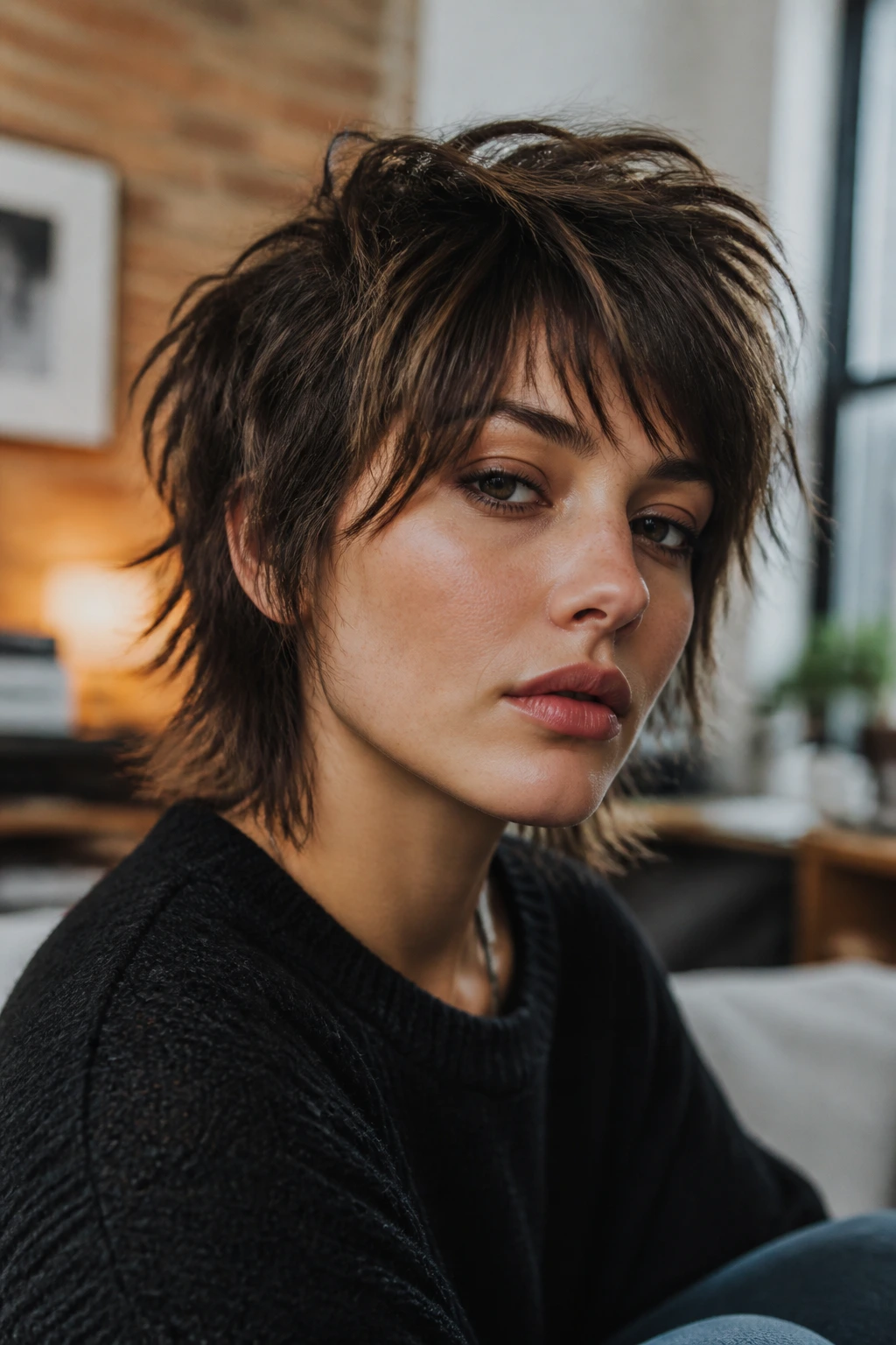 Close-up of a woman with a short wolf cut in an urban loft setting