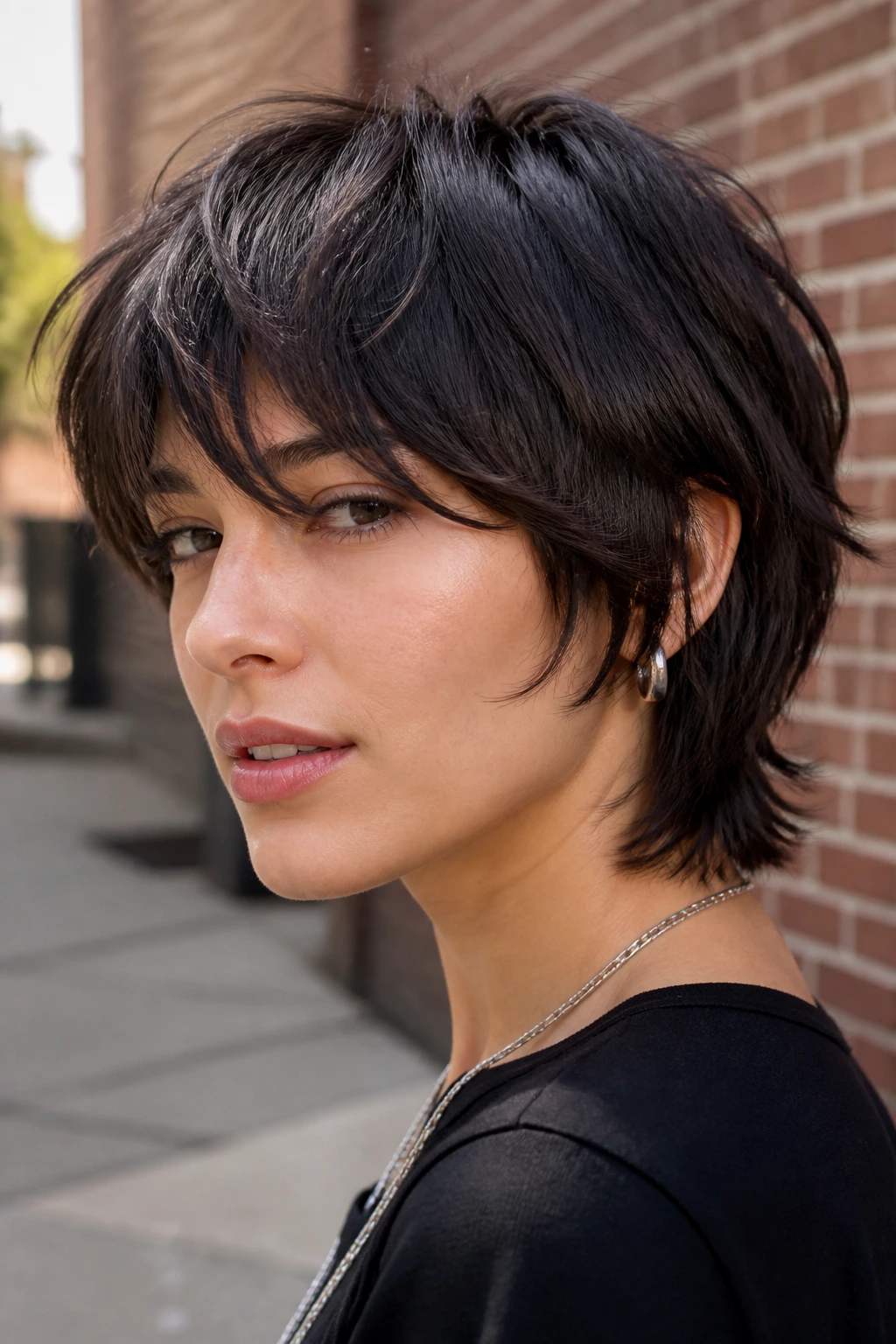 Portrait of a person with a short wolf cut and full fringe against a brick wall
