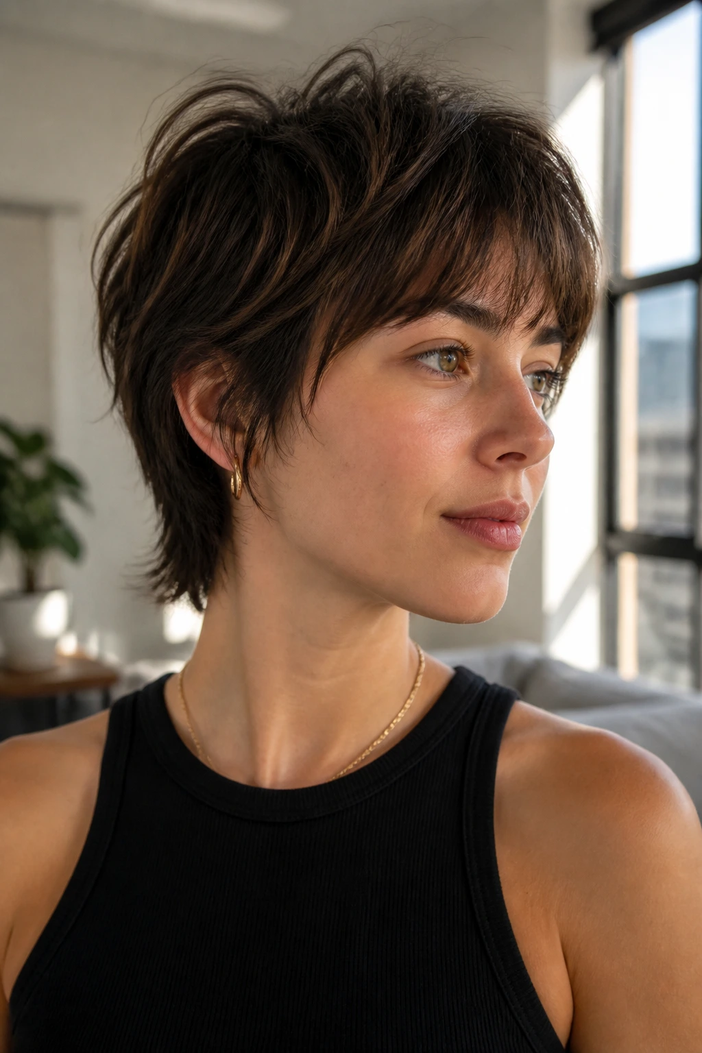Close-up of a woman with a short wolf cut lite and lifted crown