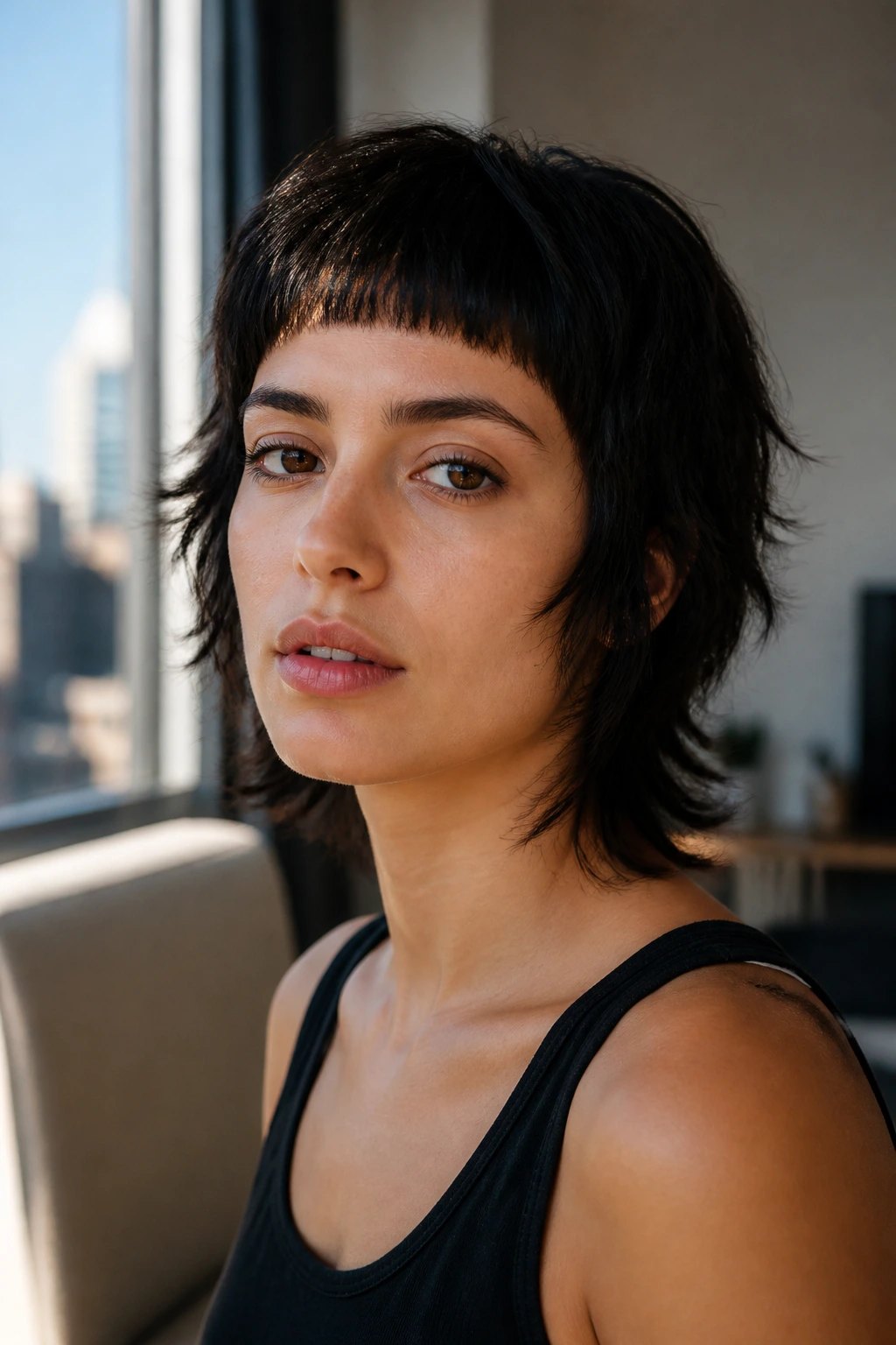 Portrait of real person with short wolf cut and micro bangs indoors