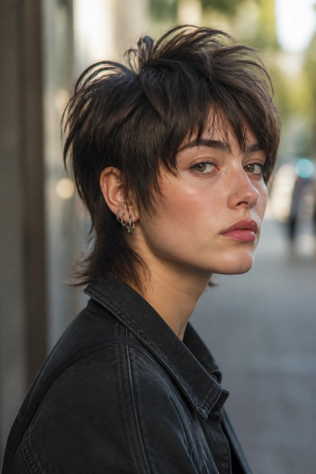 Portrait of a real person with a short wolf cut showing bold crown volume.