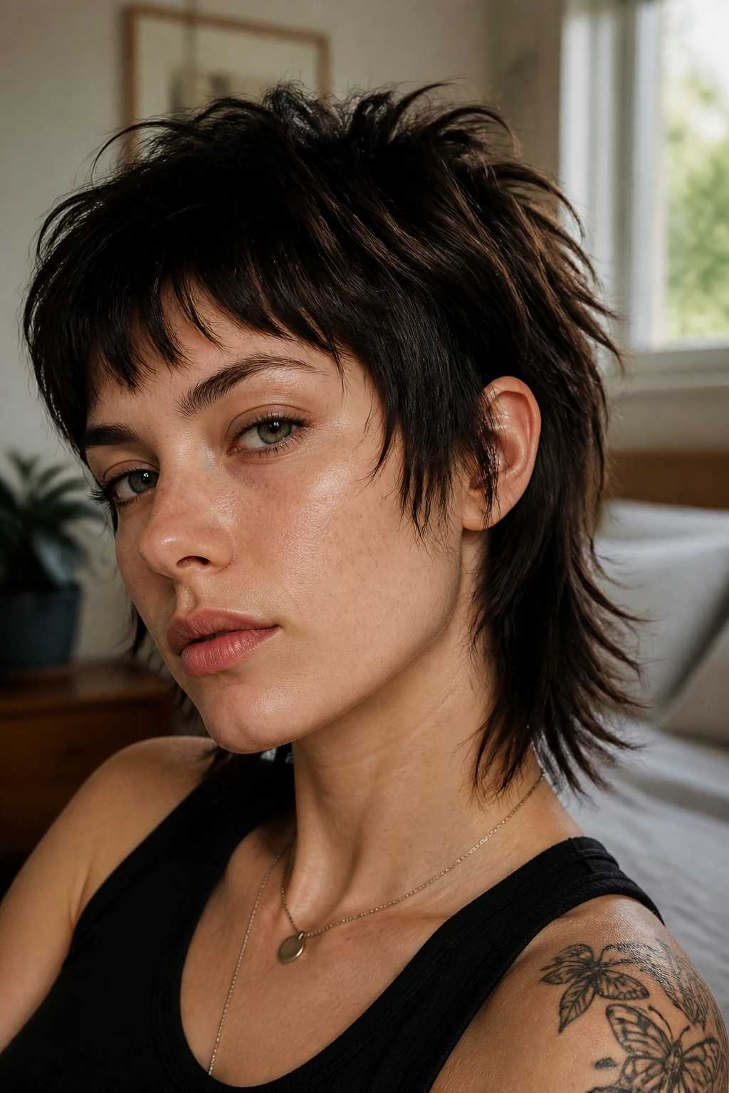 Close-up of a real woman with a short wolf cut showing crown lift and fringe in natural window light