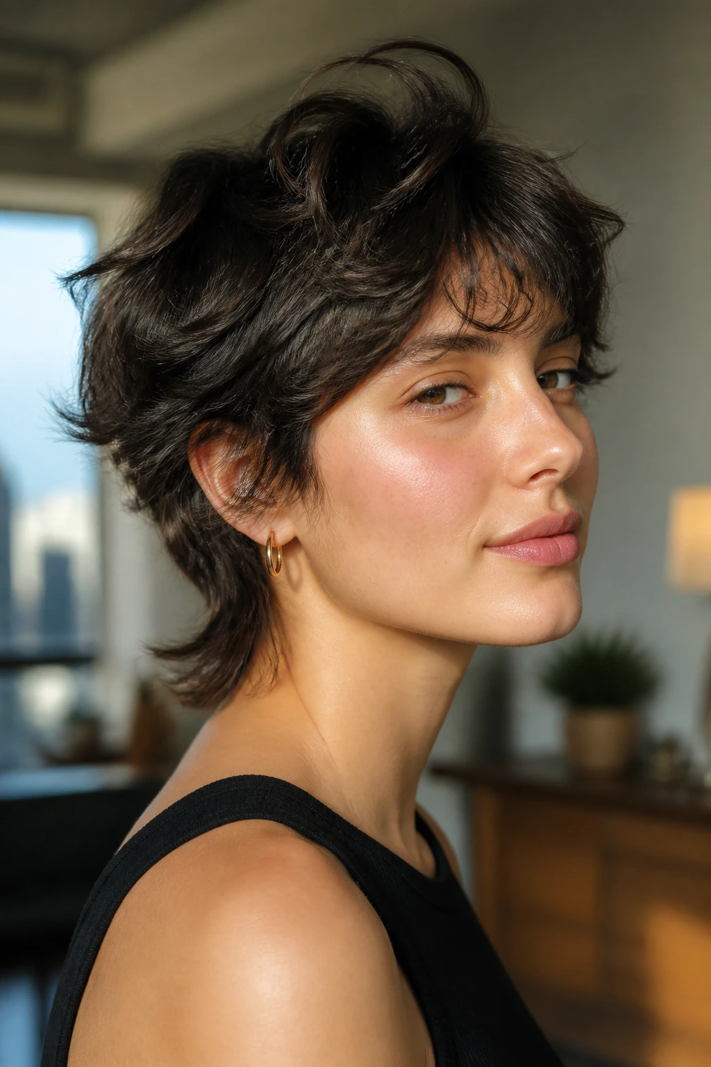 Close-up portrait of a real woman with a short wolf cut hairstyle