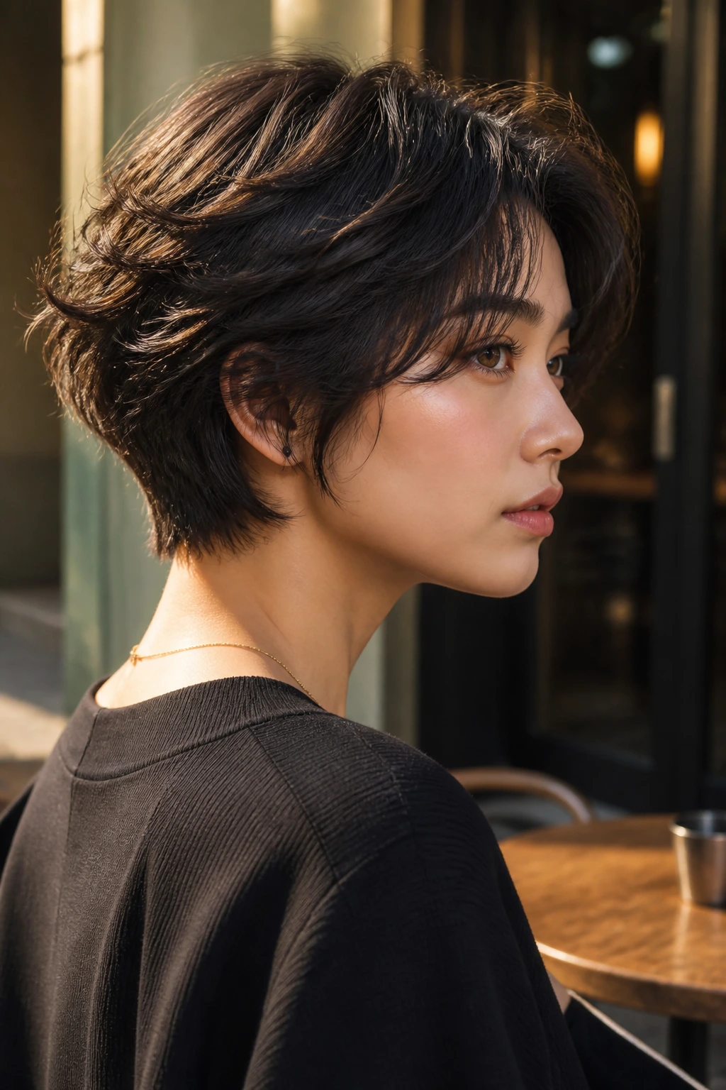 Close-up portrait of a real person with a short wolf cut and tapered nape
