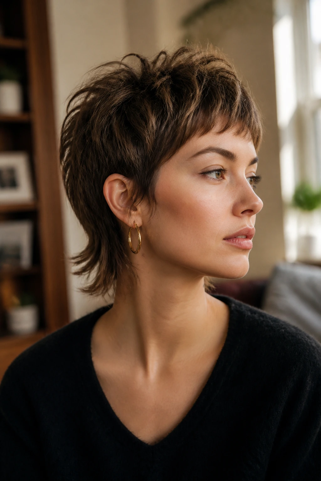 Close-up portrait of a person with a short wolf mullet under natural window light.