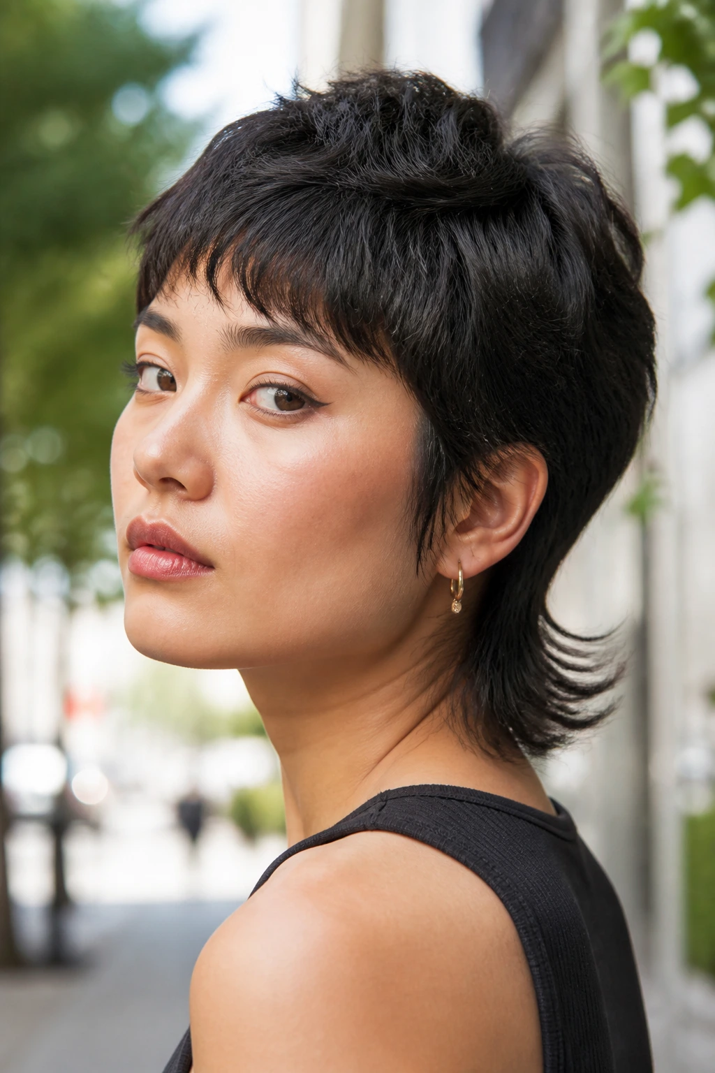 Close-up of a real person showing a short wolf mullet shape with a lifted crown and subtle back edge.