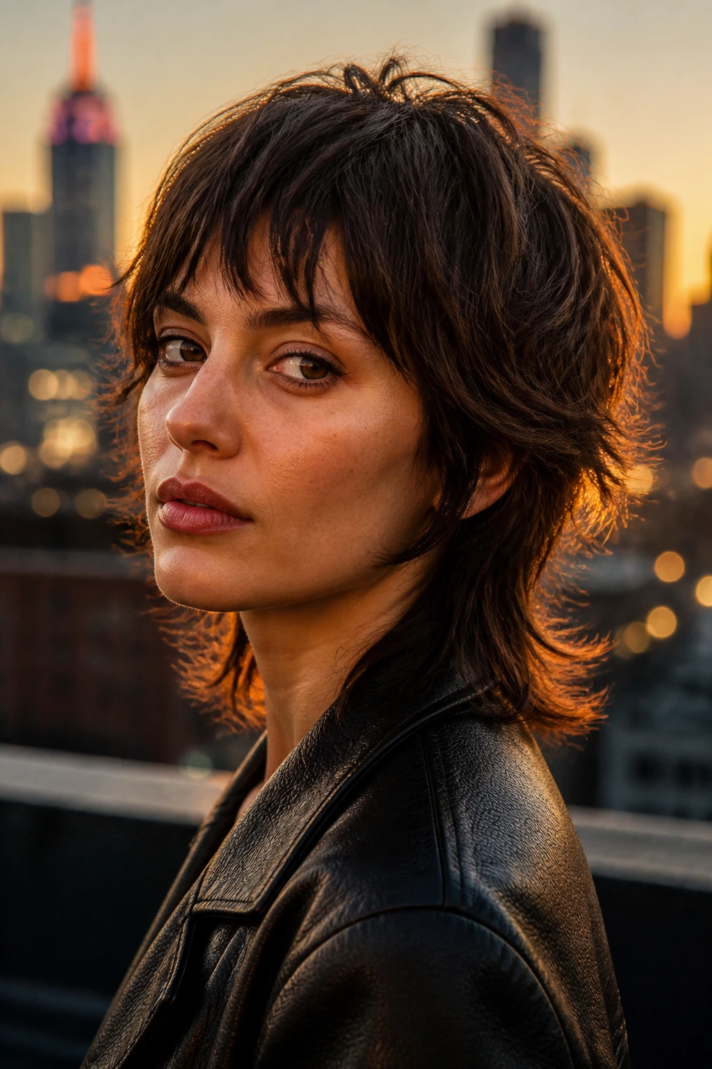 Close-up of a real woman with a short wolf shag hairstyle on a rooftop at golden hour