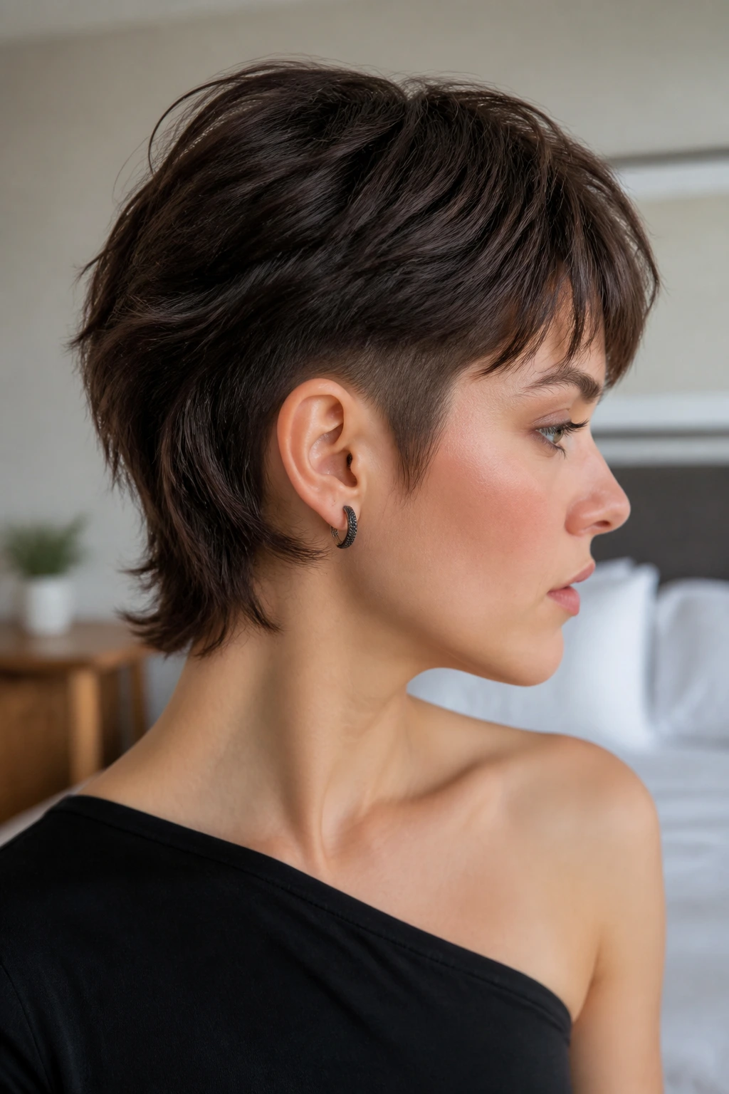 Close-up of a real person with Short Wolf and hidden undercut, undercut concealed beneath hair.