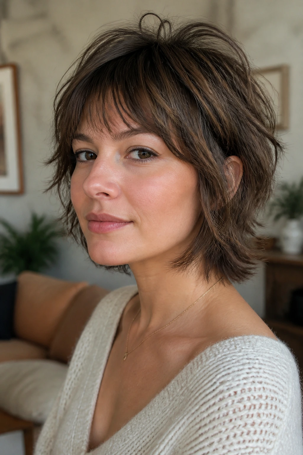 Real woman with short wolfish shag hairstyle in a cozy living room