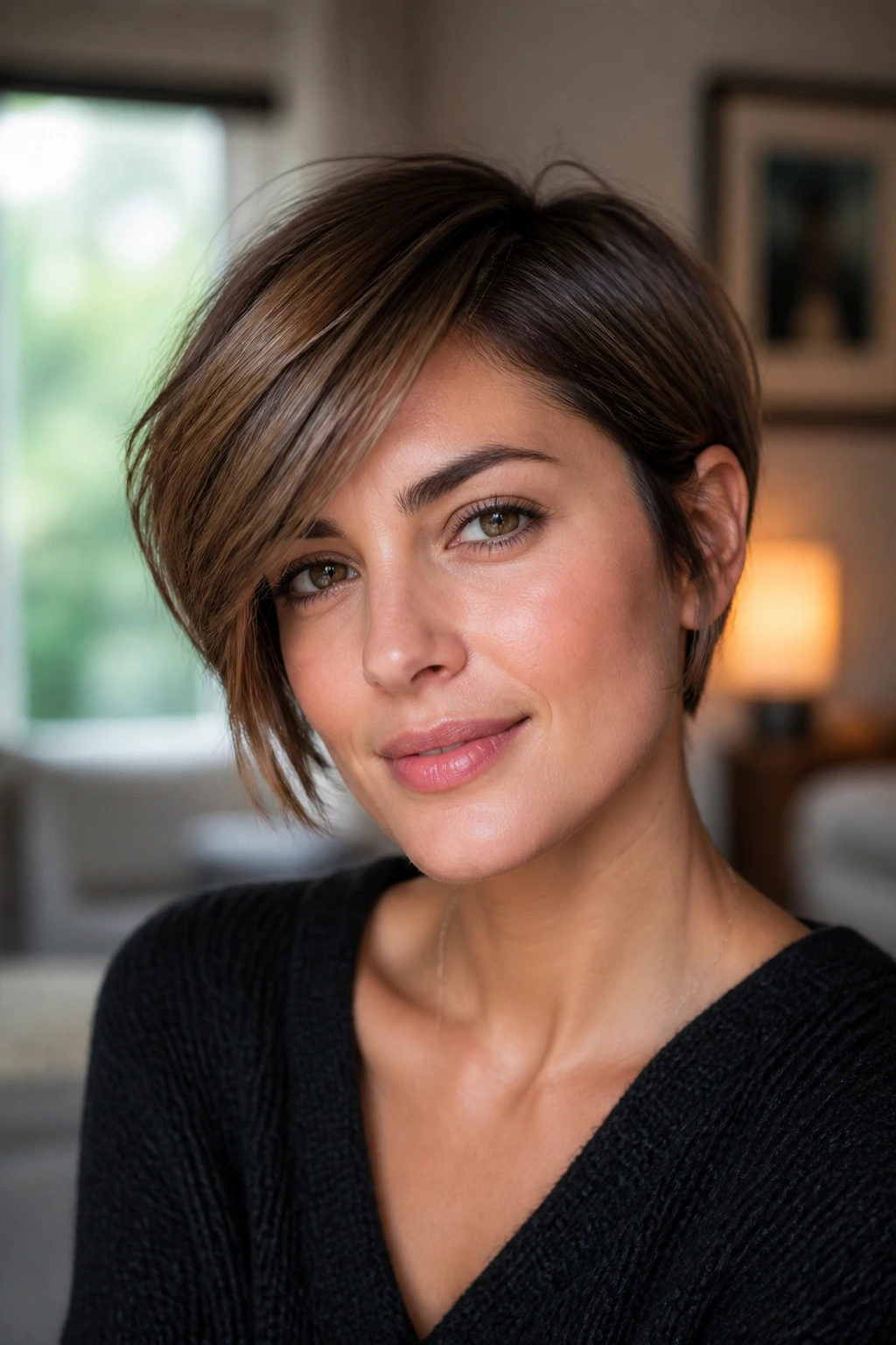 Close-up portrait of a real woman with a short versatile haircut showing angles and texture suitable for multiple face shapes