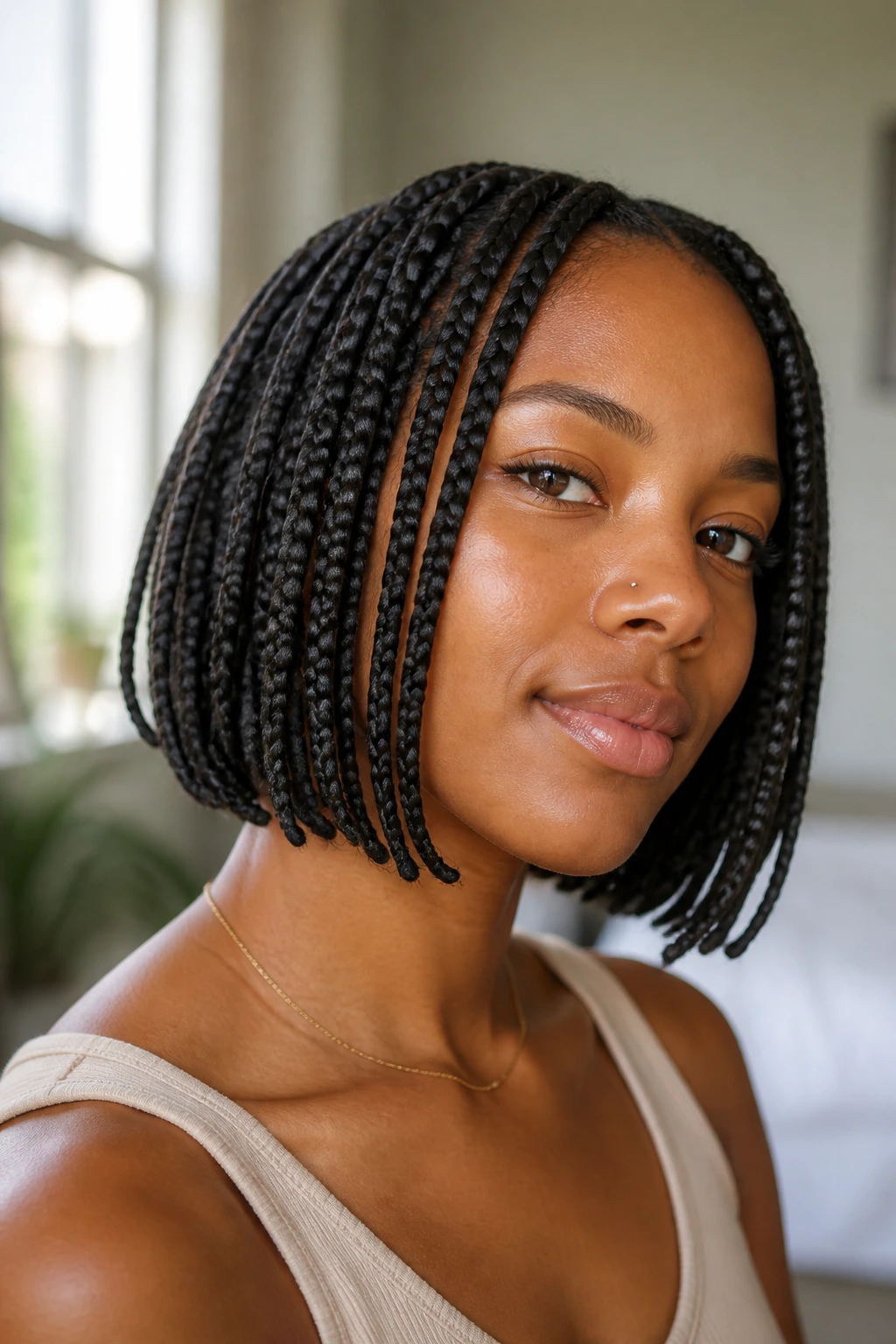 Close-up of chin-length bob box braids on a real person with crisp shape