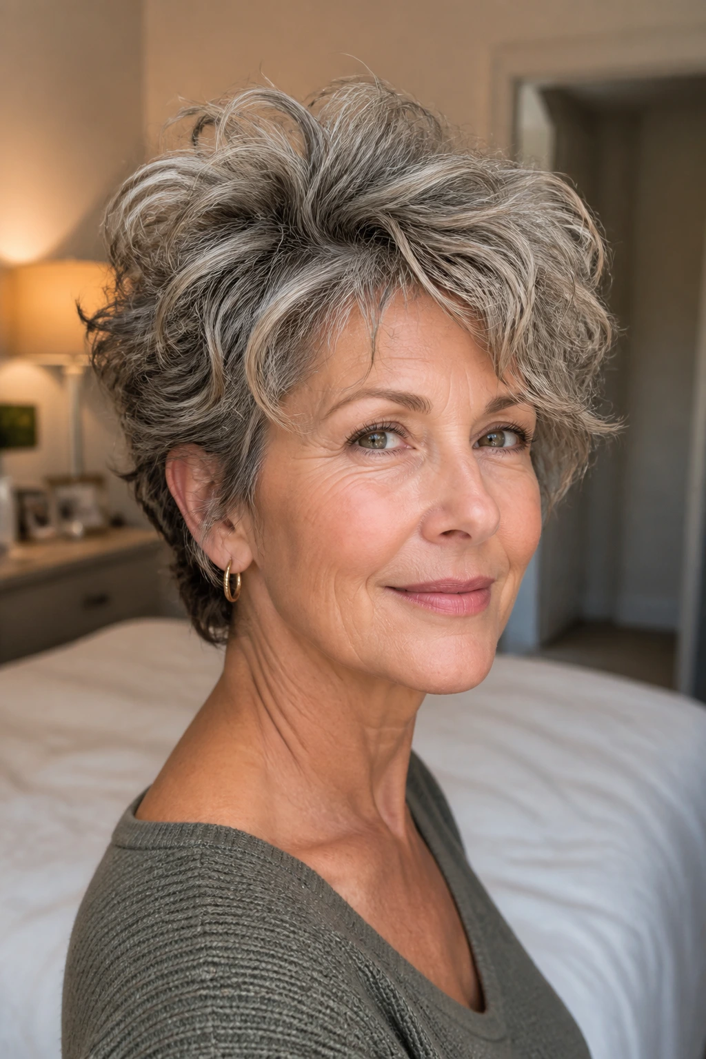 Close-up of a woman with short wavy hair showing lift at the crown