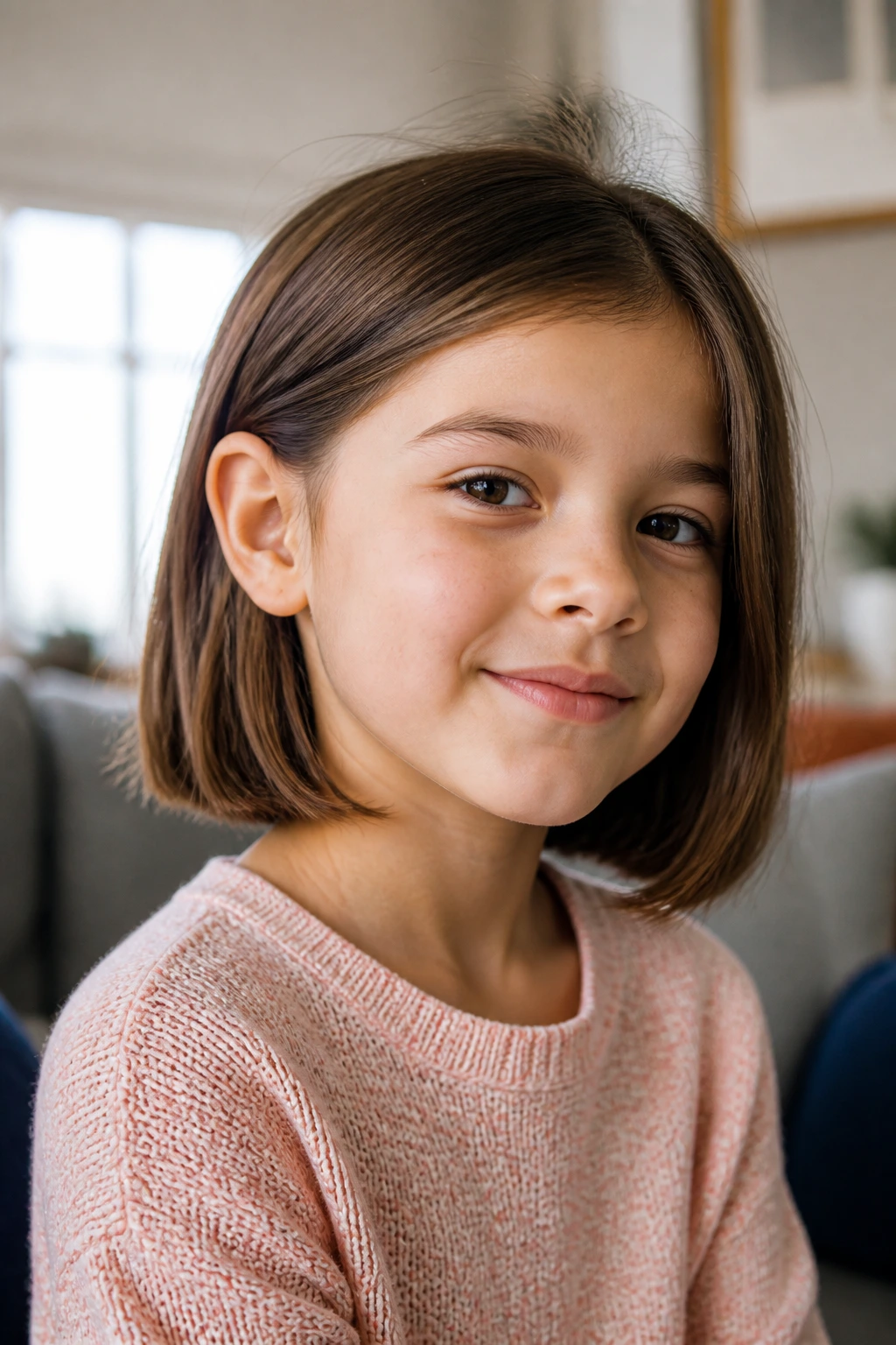 Child with shoulder-length bob haircut in soft home lighting