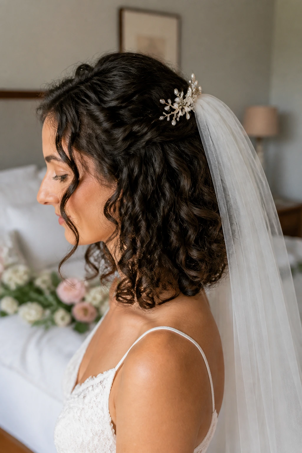 Side profile of bride with shoulder-length curls and veil comb
