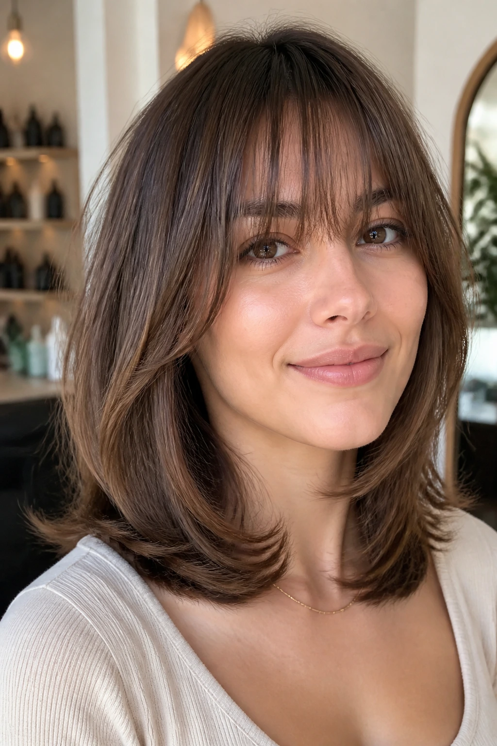 Close-up portrait of a real woman with shoulder-length C-cut and airy full bangs in a sunlit salon
