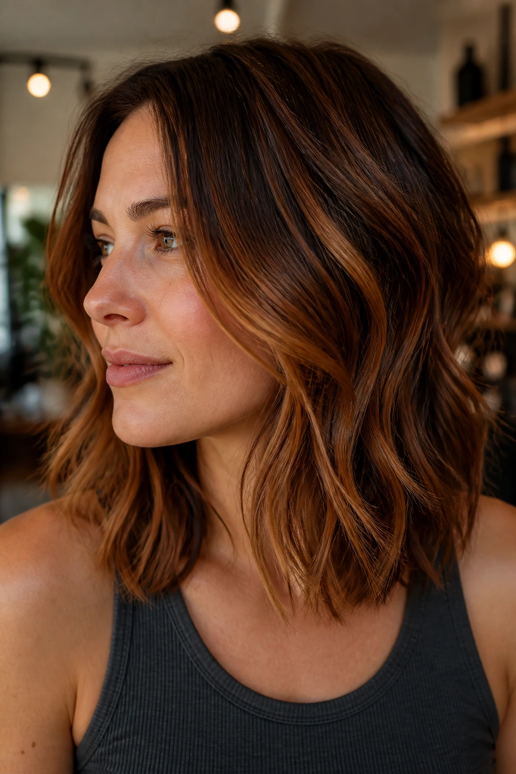 Portrait of a woman with ruffled shoulder cut and copper balayage