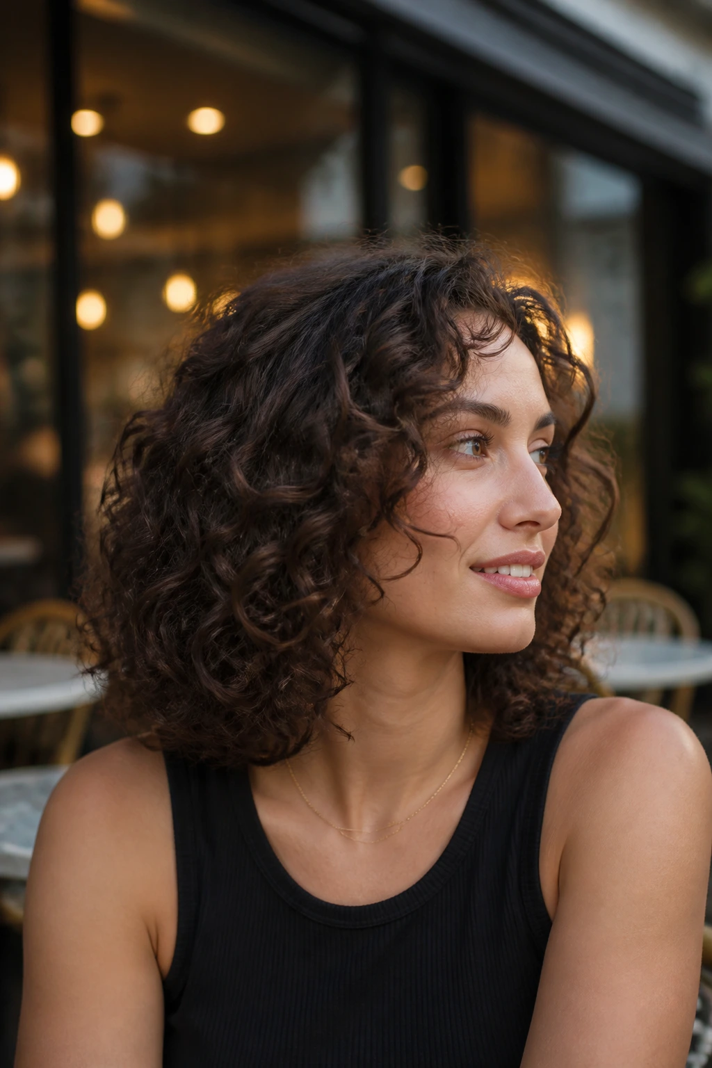 Portrait of person with shoulder-length curly cut with interior removal