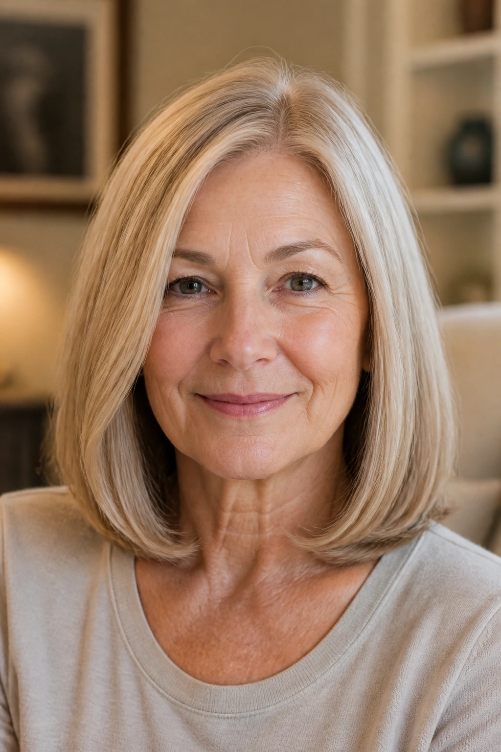 Portrait of a woman with smooth shoulder-length cut and tucked ends