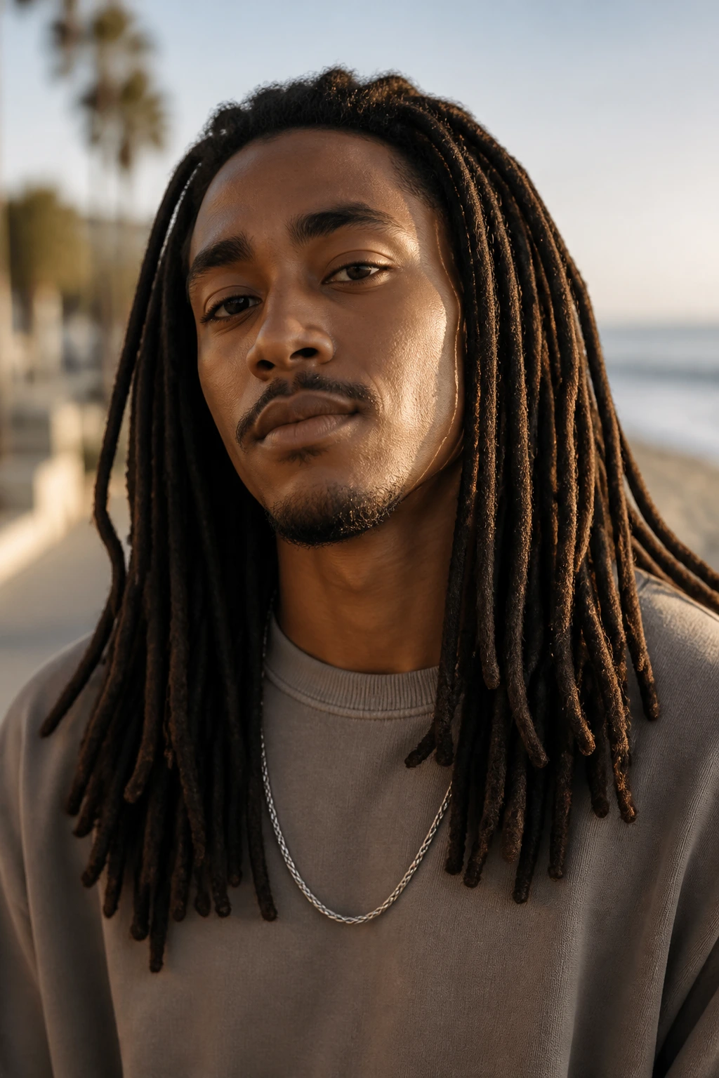 Portrait of a man with long shoulder-draped locs on a sunny boardwalk