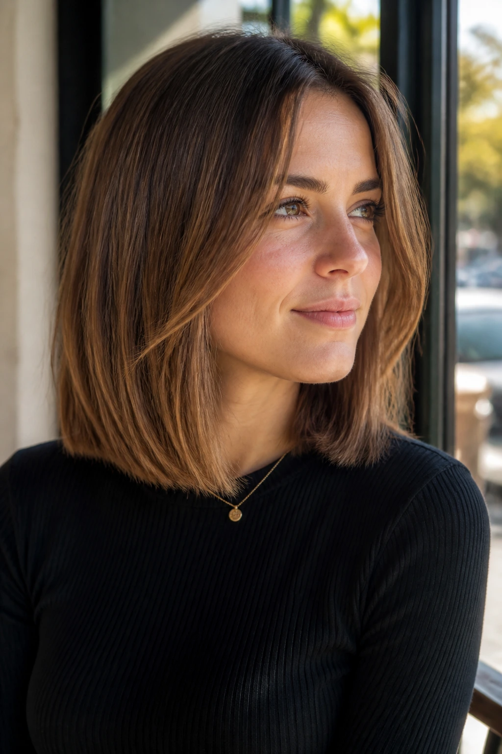 Close-up of a real woman with a shoulder-dusting lob grazing the shoulders