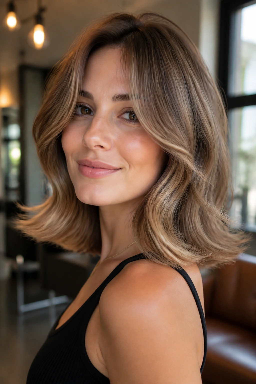Close-up portrait of a real woman with a shoulder-flip cut, wavy hair flipping outward at ends in warm salon light