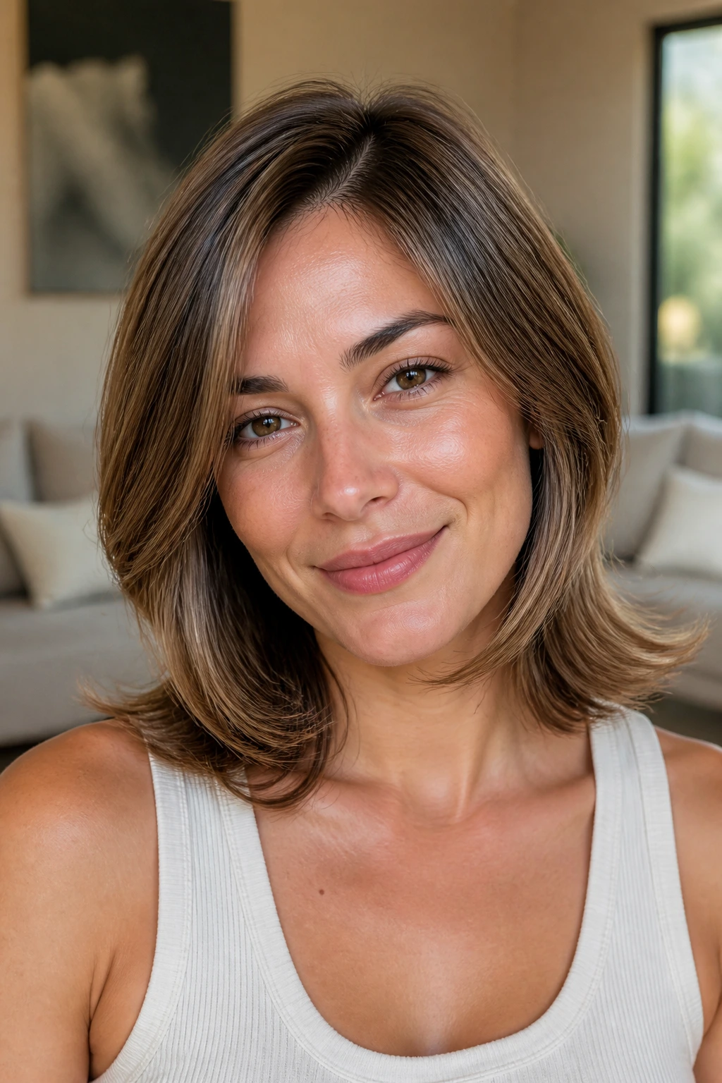 Close-up of a real woman with shoulder-flip layers in a warm interior