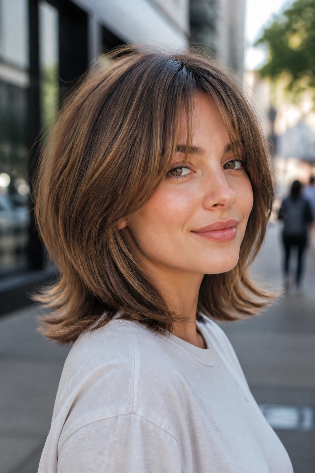 Close-up portrait of a real woman with shoulder-length shag and a slight outward flip at the ends.