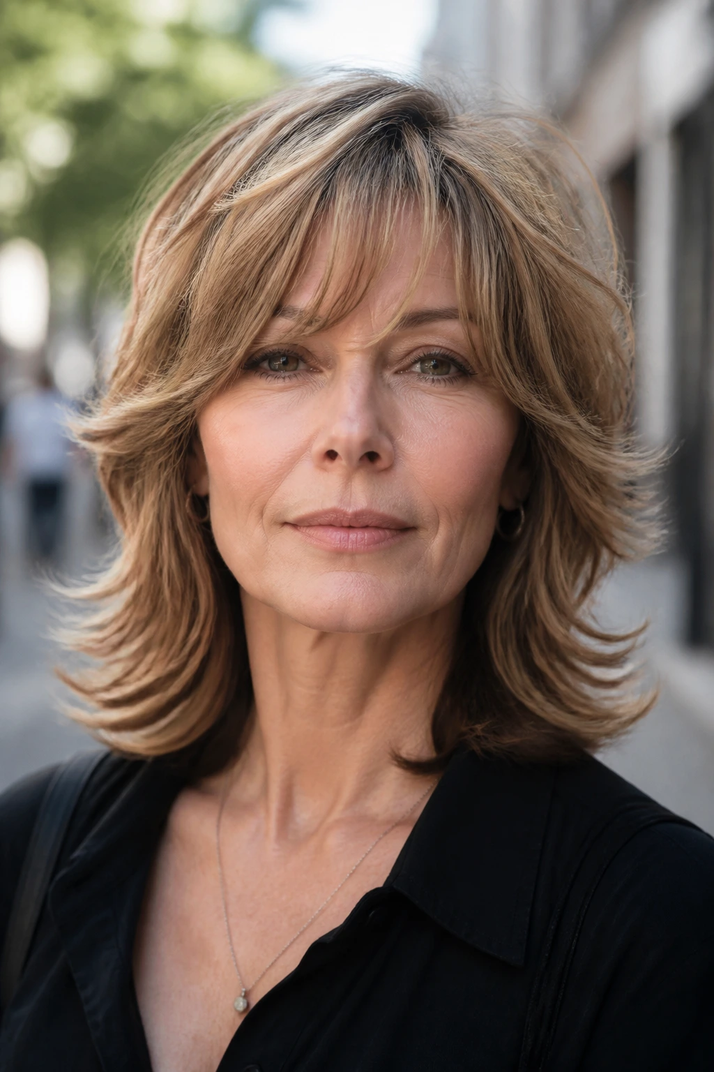 Close-up portrait of a real woman with shoulder flip shag showing ends flipping at the shoulders.