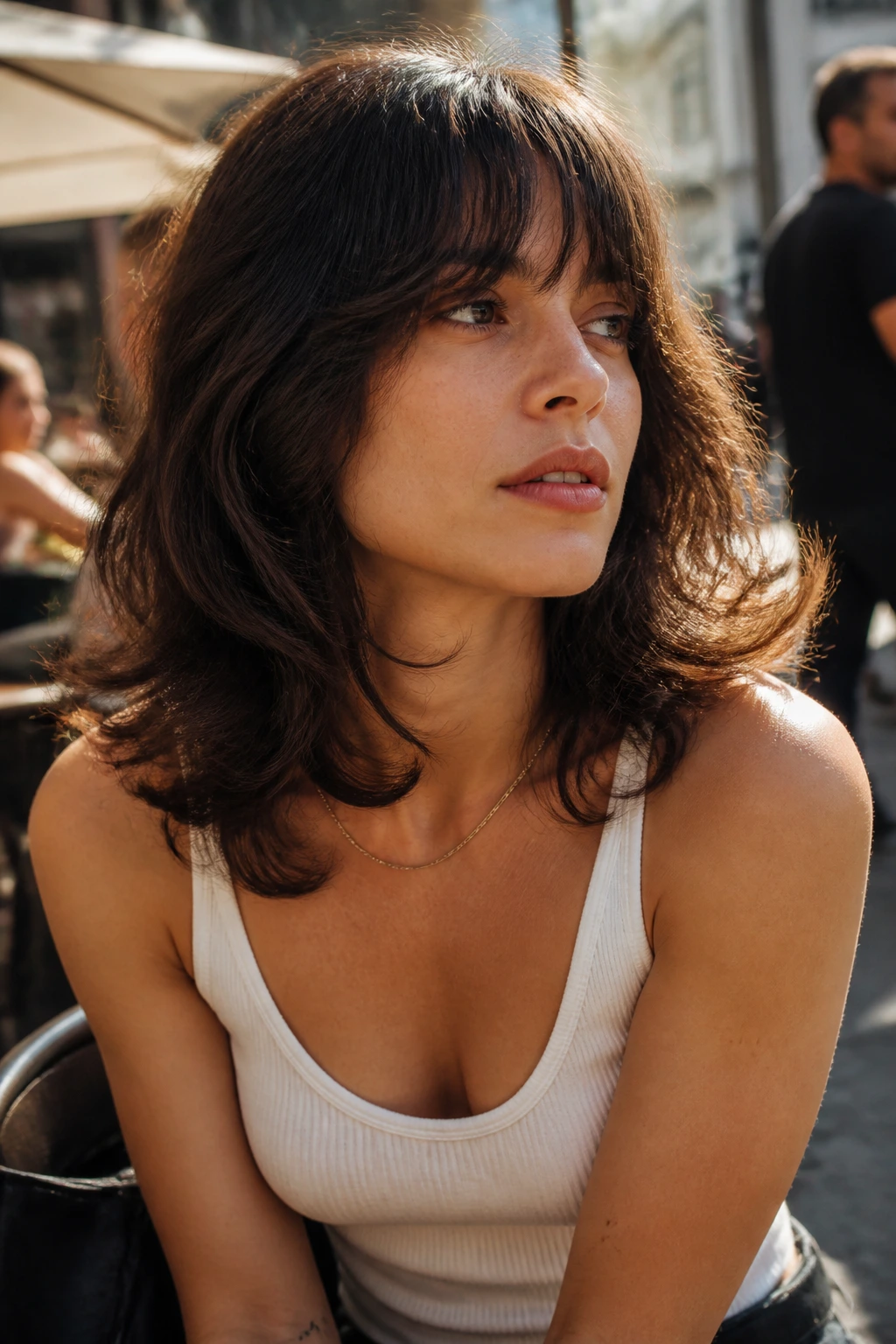 Portrait of a real woman with shoulder flip shag ends flipping over shoulder