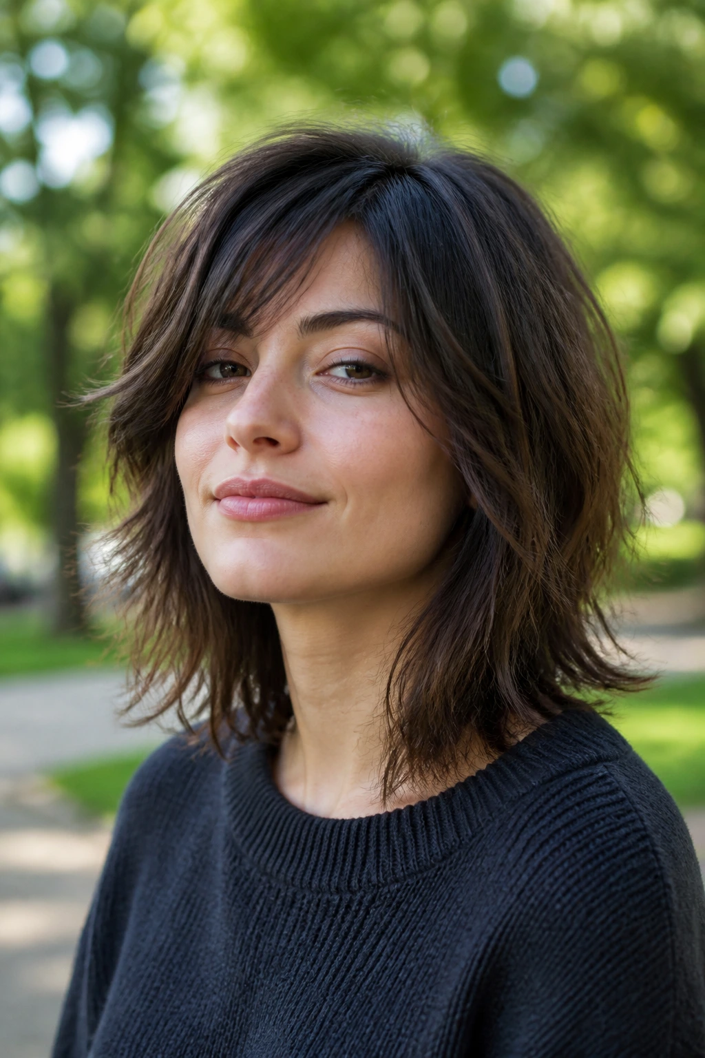 Portrait of a person with shoulder-grazing airy shag