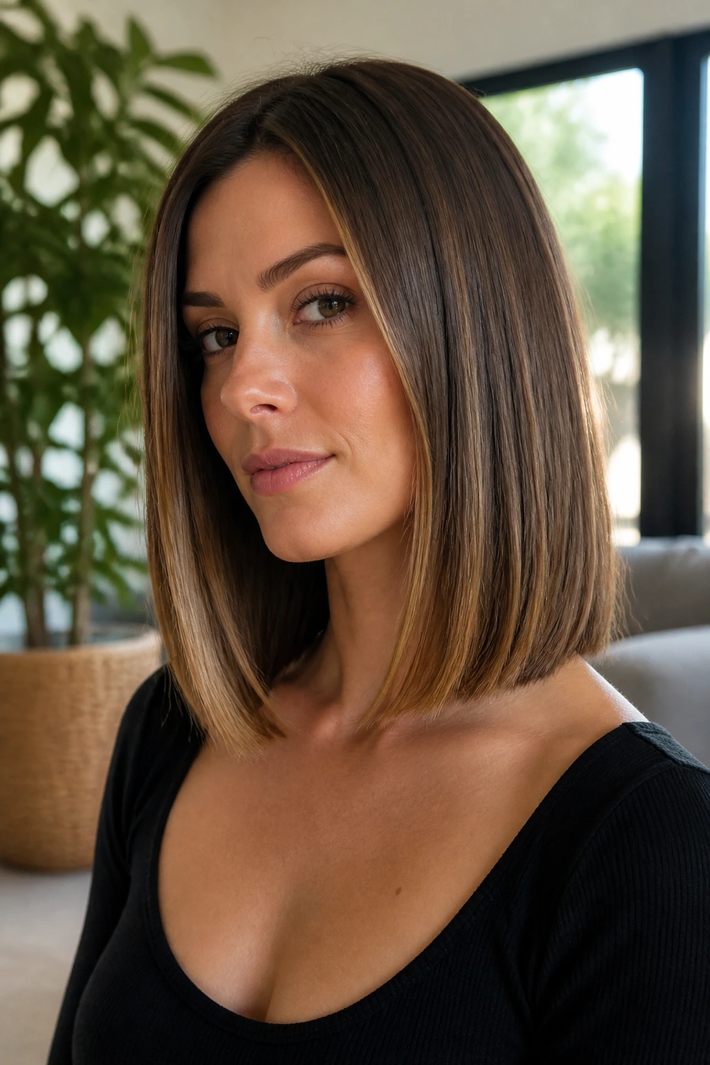 Close-up portrait of a real woman with a shoulder-grazing blunt lob