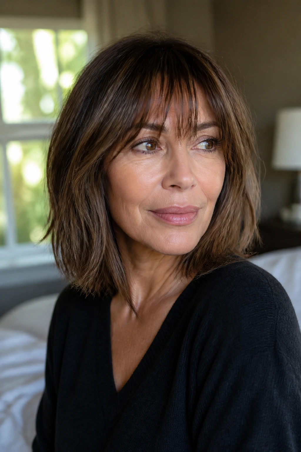 Close-up of a shoulder-grazing bob with a soft shattered fringe on a real woman in a sunlit bedroom.