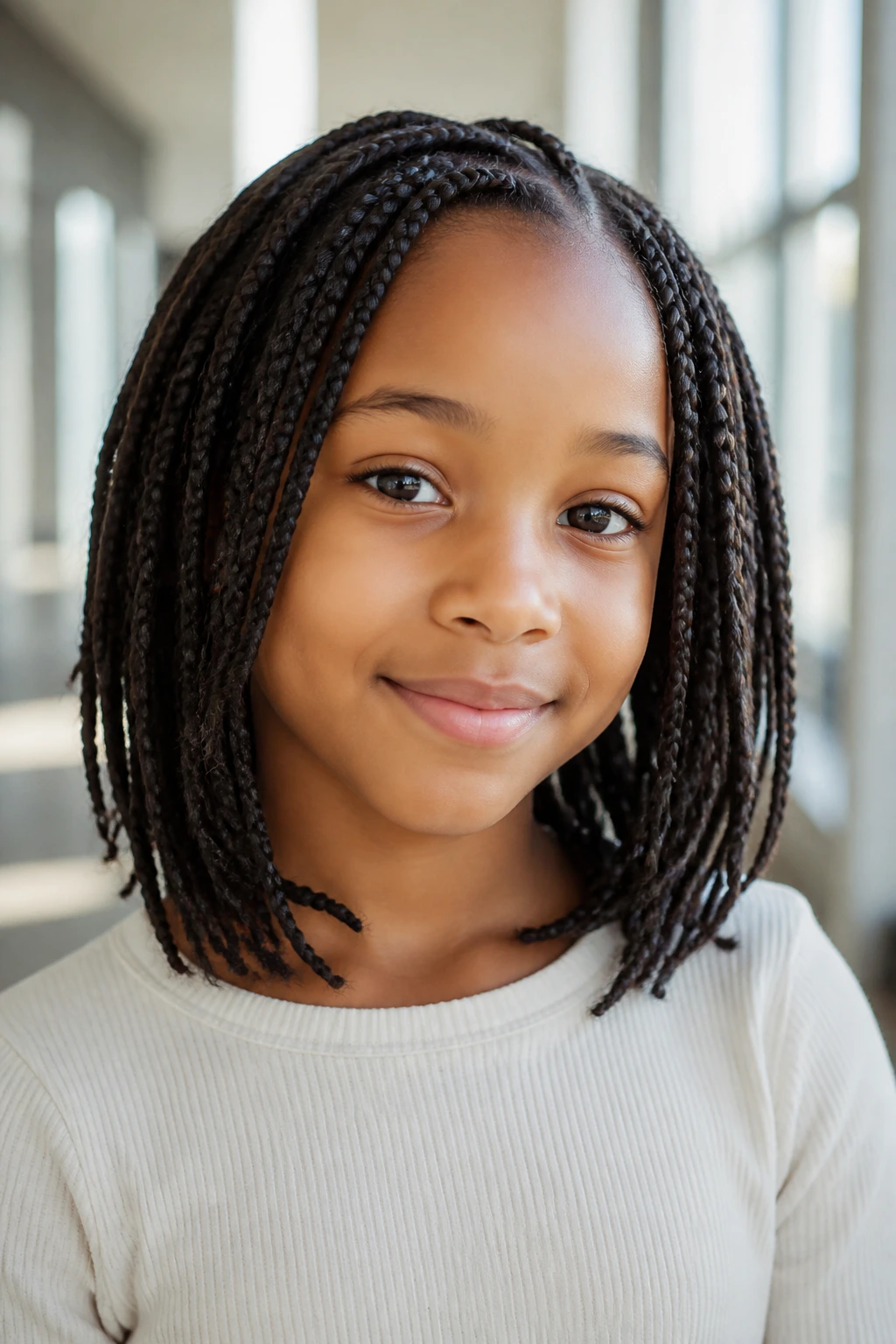 Close-up of a real child with shoulder-grazing layered braids.
