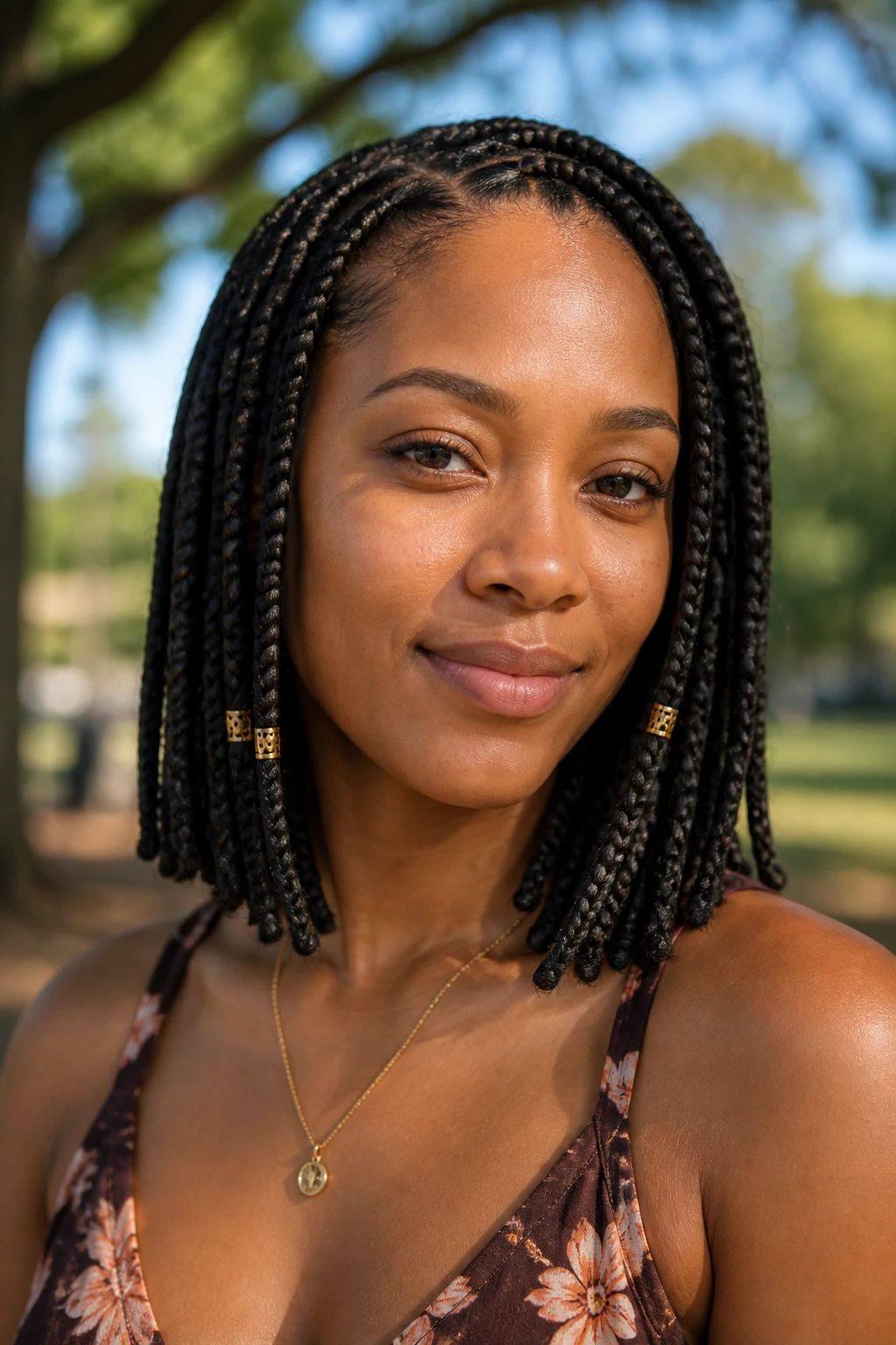 Close-up of a real woman with shoulder-grazing box braids outdoors