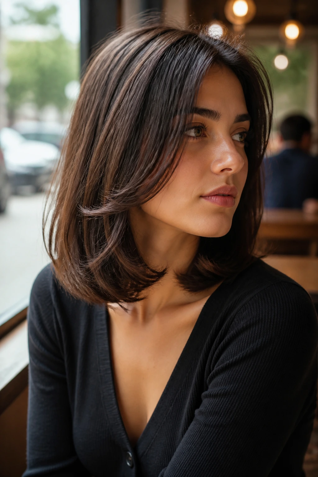 Close-up portrait of a real person with Shoulder-Grazing C-Cut and curved ends