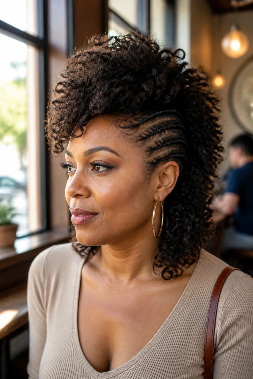 Medium close-up of a real woman with shoulder-grazing layered crochet hawk hairstyle