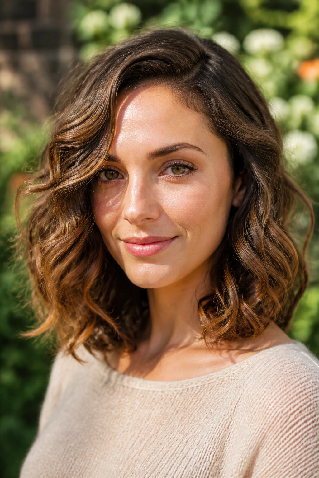 Close-up of a real woman with shoulder-grazing curls