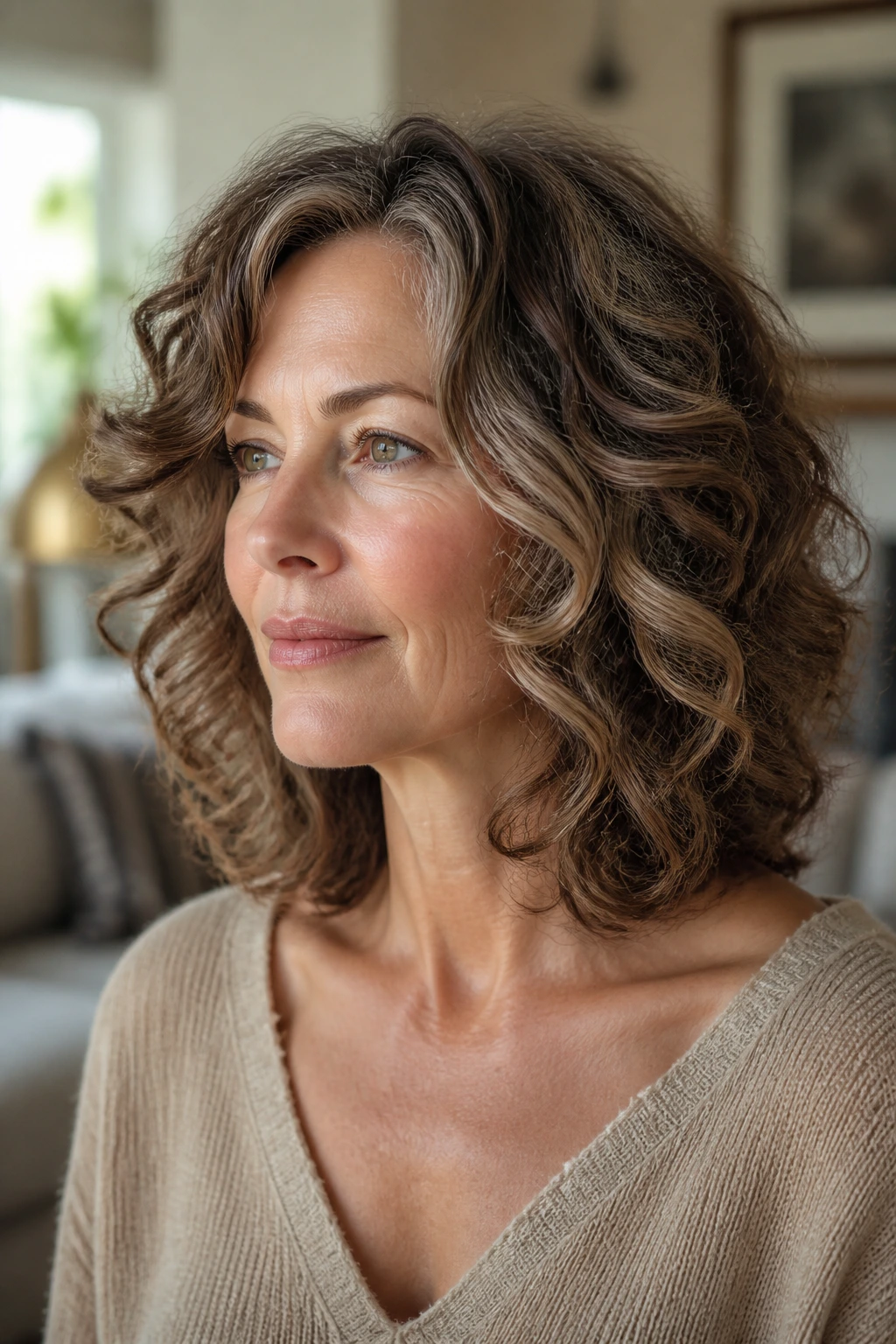 Close-up of a woman with shoulder-grazing layered lob curls
