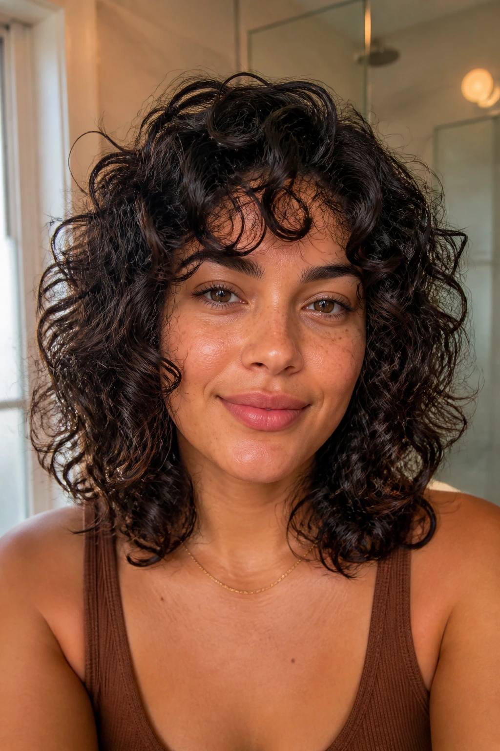 Close-up of a real woman with shoulder-grazing curly layers in warm natural light
