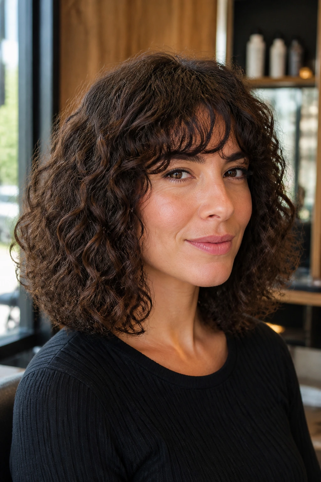 Portrait of a person with shoulder-grazing curly lob and bottleneck bangs.