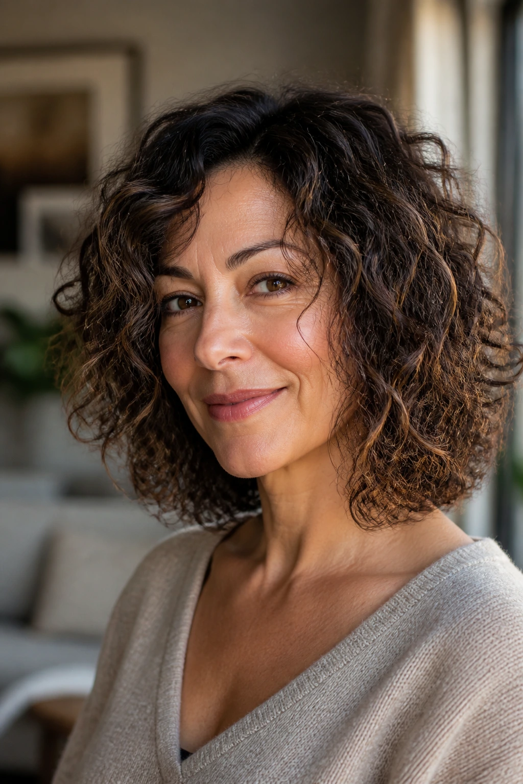 Close-up of a woman with a shoulder-length curly lob and razor-soft ends in warm window light.