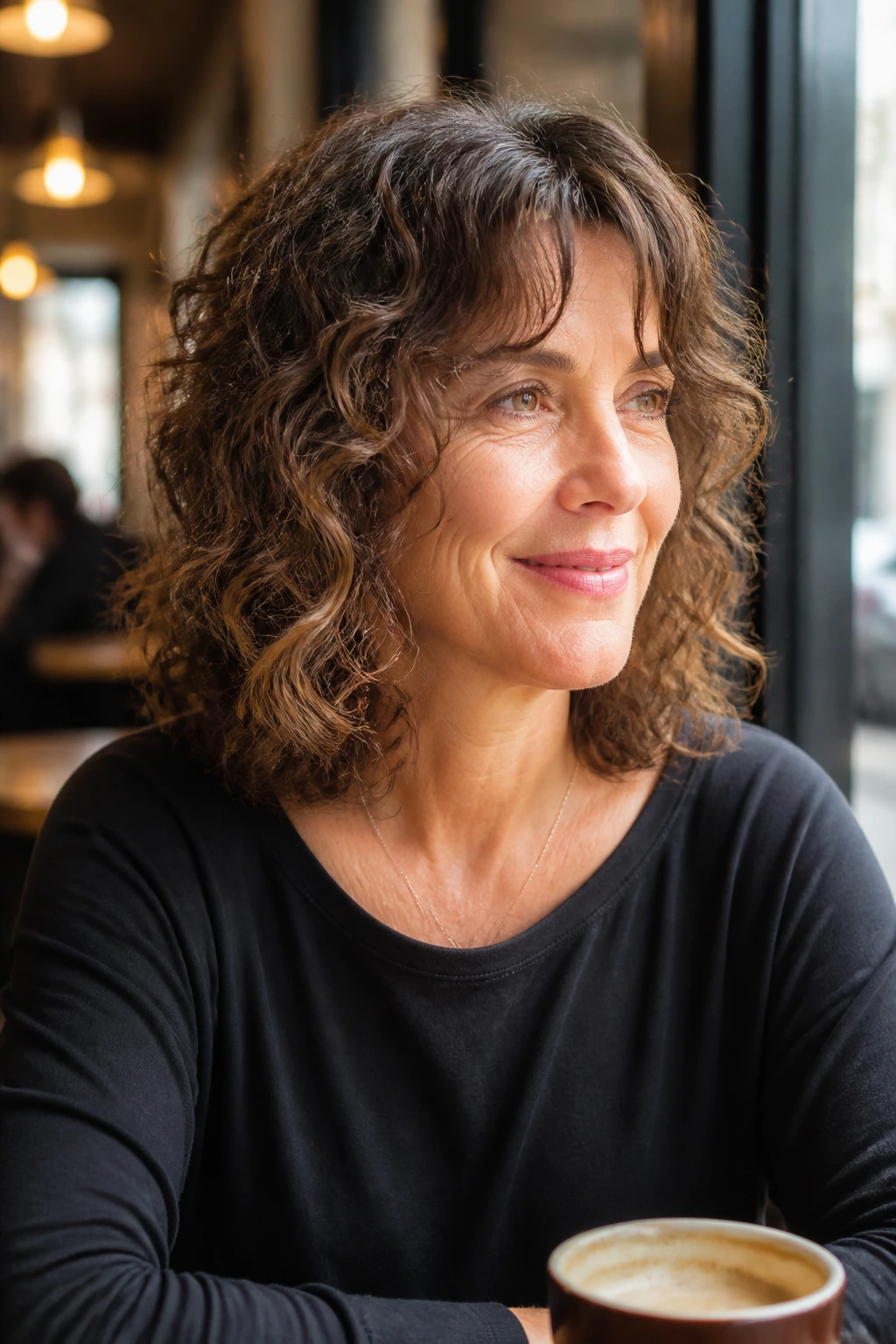 Close-up portrait of a woman with shoulder-grazing curly shag and curtain bangs