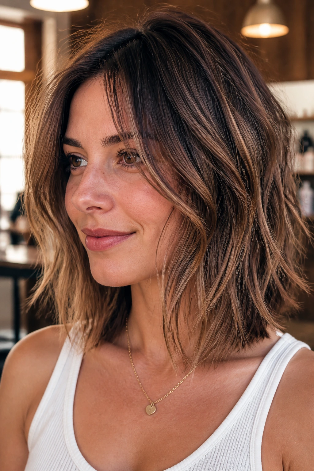 Close-up portrait of a real woman with a shoulder-grazing curve cut and choppy ends, hair curving over the shoulders in soft movement.